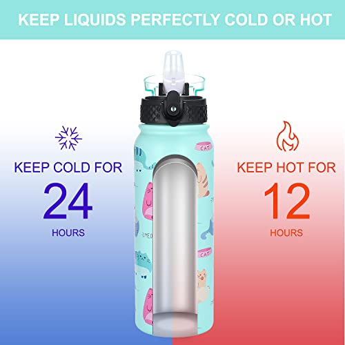 GOPPUS 600ml/20oz Stainless Water Bottle with Straw Double Wall Insulated Bottles with Strap One Hand Open Vacuum Thermal Flask Leakproof Keep Cold Bottles with Flip Top Lid BPA Free (Green Cat) - Image 3
