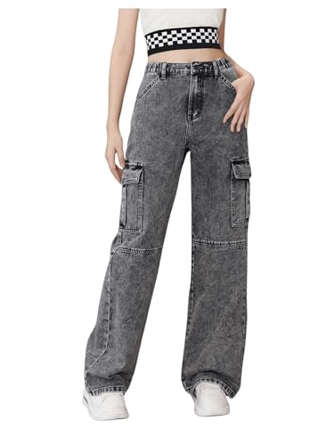 OYOANGLE Girl's Washed Elastic Waist Wide Leg Cargo Jeans Casual Baggy Denim Pants with Pocket