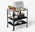 Outdoor Grill Cart, Pizza Oven Table with Hooks and Side Handle, Double-Shelf Dining, Movable Stainless Steel Kitchen Cooking Prep Table BBQ Cart for Home Party, Bar, Camping