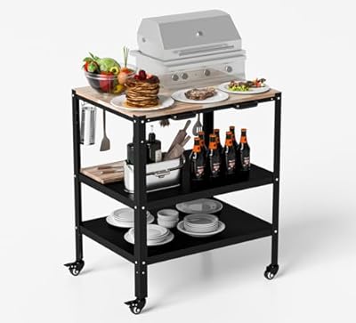 Outdoor Grill Cart, Pizza Oven Table with Hooks and Side Handle, Double-Shelf Dining, Movable Stainless Steel Kitchen Cooking Prep Table BBQ Cart for Home Party, Bar, Camping