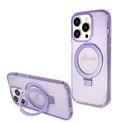 CG Mobile Guess GUHMP14LHRSGSU Coque de Protection pour iPhone 14 Pro 6,1'' Violet Rigide avec Anneau Support Script Paillettes