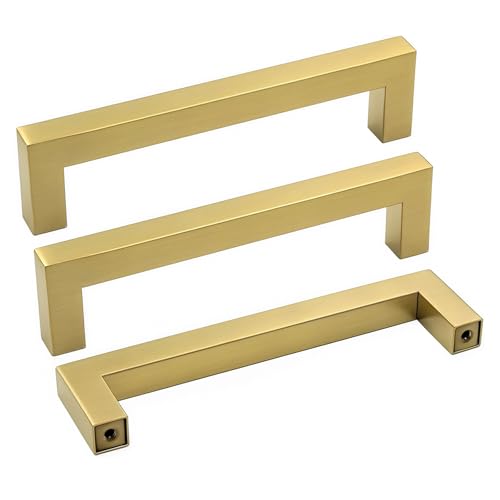 Goldenwarm Gold Cabinet Pulls Brushed Brass Drawer Pulls 30 Pack - Goldenwarm J12GD102 Gold 4inch Kitchen Cabinet Handles Square Bar Pulls Antique Brass Bathroom Cabinet Hardware 4 inch Hole Spacing