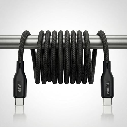 Image of PHILIPS DLC4150CB /94 65W Type-C to Type-C Fast Charging Cable (1.5m, Dark Slate) | Nylon Braided | Compatible with iPhone 15+ Series, USB-C iPad Models, Samsung Galaxy & All Type C Devices