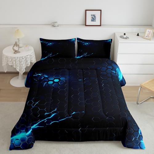 Image of Feelyou Lightning Honeycomb Comforter Hexagon Comforter Set Geometric Beehive Bedding Set for Kids Boys Girls Beehive Hexagon Duvet Set Room Decor Quilt Twin Size Boys