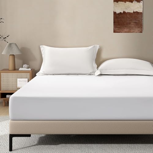 Image of White Fitted Sheet,King Size Fitted Sheet with Deep Pocket 18 inch,Ultra Soft & Breathable FittedSheet Easily Fits 18 inch to 24 inch Mattress