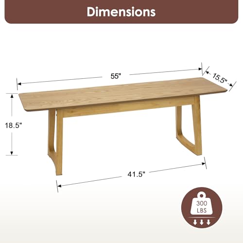 Image of HNY Farmhouse Dining Bench, Solid Entryway Bench, 55 Inch Long Wooden Bench, Kitchen Dining Seat for Entryway /Dining Room /Kitchen /Living Room, Oak