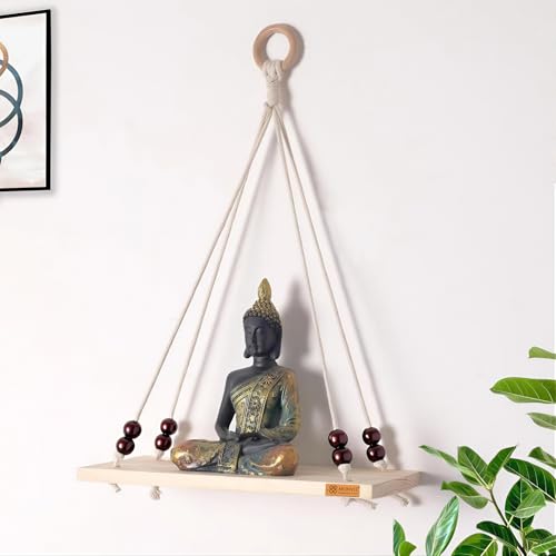 Image of Boho Wooden Hanging Shelf with Beads & Macrame Rope, Adhesive Wall Hook| Rustic Swing Wall Art for Plants, Living Room, Bedroom | Pine Wood, Handcrafted