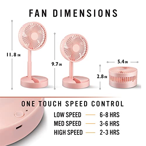 Portable Fan W/Usb Rechargeable Battery - Mini Quiet Foldable/Foldaway Travel Fan - Adjustable Height Pedestal Fan For Bedroom - Small Fans For Rooms - 180° Tilt & 3 Speed Settings - Pink #TOP2