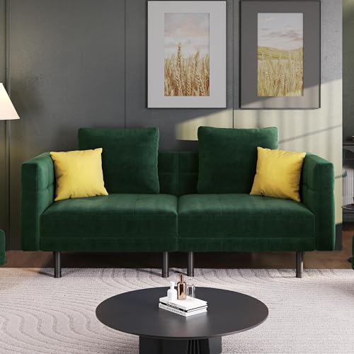 Yaheetech Velvet Sofa Convertible Sofa Bed 2 Seater Futon Couch Sleeper with 4 Pillows, Adjustable Armrests & Backrest for Living Room, Apartment, Home Office, Green - Image 2