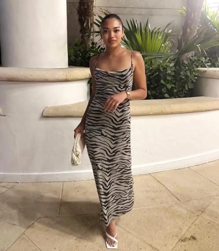 Image of Women's Sexy Sleeveless Tulle Leopard Print Maxi Dress - Elegant Spaghetti Strap Backless Party Dress