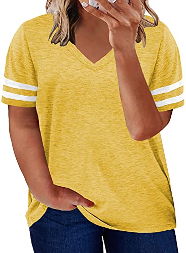 Happy Sailed Womens Plus Size Striped V Neck Short Sleeve T Shirt Loose Casual Tunic Blouse Tops,2X Yellow #TOP1