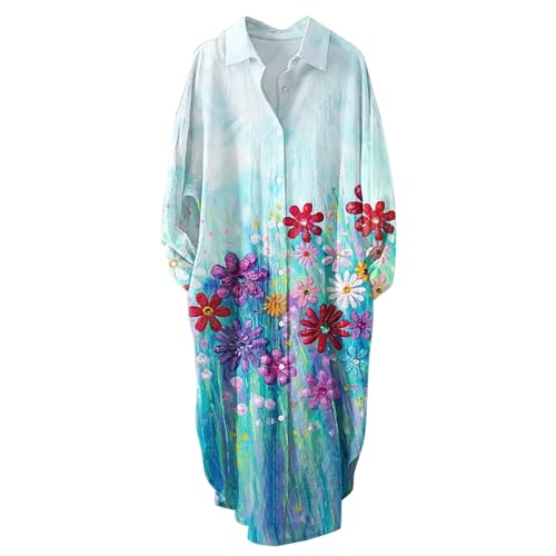 Robe chemise femme col en v boutonné au motif floral vintage et manches longues