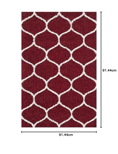 Image of Handwoven Microfibre 3D Rug for Living Room (Red & Ivory Moraccan, 3 X 3 Feet (Square), Microfibre)