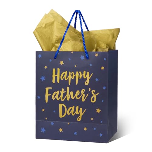 Happy Fathers Day Gift Bag Blue Gift Bag for Dad with Tissue Paper Fathers Day Present Gift Wrap Small Medium (Blue Star-Pattern)