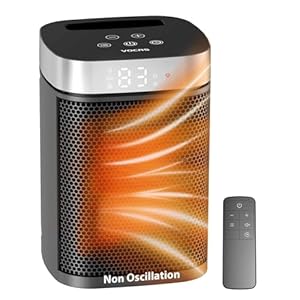 Calentador de espacio portátil pequeño para uso en interiores, calentador eléctrico VOCRS PTC de 1500 W con termostato, control remoto, temporizador de 12 horas, modo ecológico y ventilador
