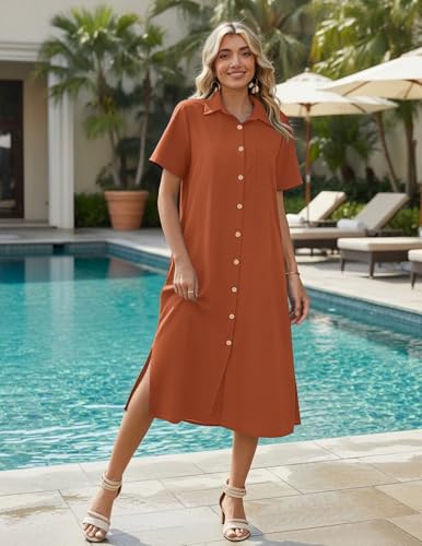 Image of HOTOUCH Womens Dress Summer Casual Midi Short Sleeve Button Down Shirt Dresses Loose Beach Cover Up with Pockets