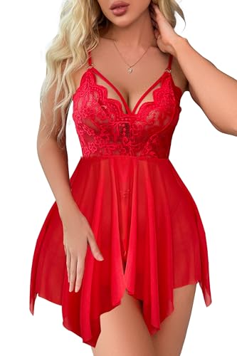 AluraBeauteSexy Dessous Damen Sexy Unterwäsche Babydoll Reizwäsche V-Ausschnitt Und G-String Rotwein 2XL