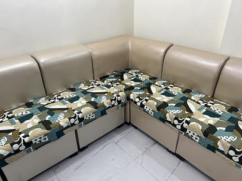 Image of JAPA Abstract Geo Teal-Mustard Quilted Velvet L-Shape Seat-Only Sofa Cover for 3+3 Seater - Non-Slip Washable Daily Use Sofa Protector, Luxury Sofa Mat for Living Room
