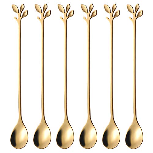 AnSaw 6-Piece Elegant Gold Leaf Long Handle Teaspoons