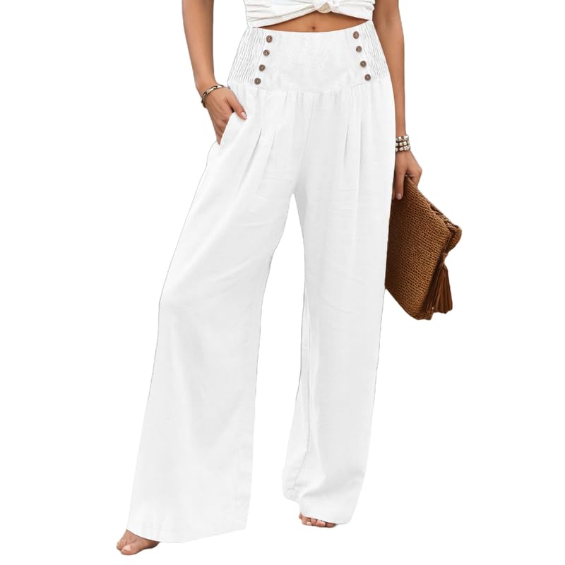 Women's Cotton Linen Palazzo Pants Boho Summer Wide Leg High Waist Lounge Pants with Button Decorate