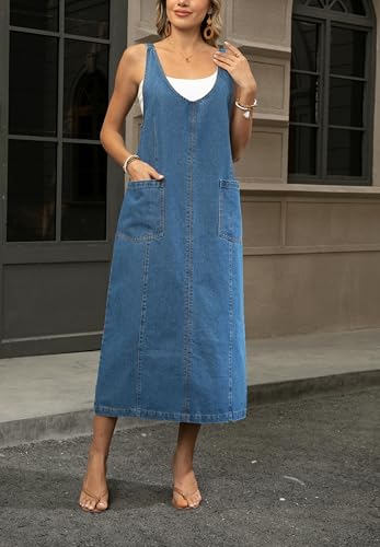 yoeasy Women's V Neck Sleeveless Denim Overall Dress Adjustable Strap Vintage Back Slit Midi Jean Dress with Pockets2