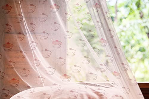 Lunarable Cupcake Tulle Curtains with Rod Pocket, Continuous Muffins Cherry