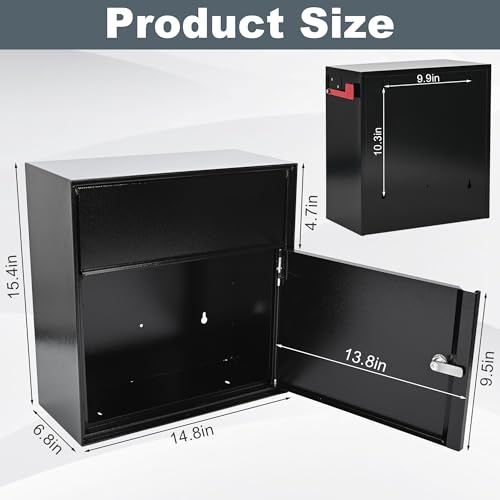 Image of Large Wall Mount Mailbox with Lock and Outgoing Mail Flag, Rainproof | 14.8 inch x 6.9 inch x 15.4 inch, Steel Locking Security, For House Outside, Number Stickers Included, Black