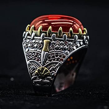 925 Sterling Silver Men Ring with Red Zircon Vintage Engraving