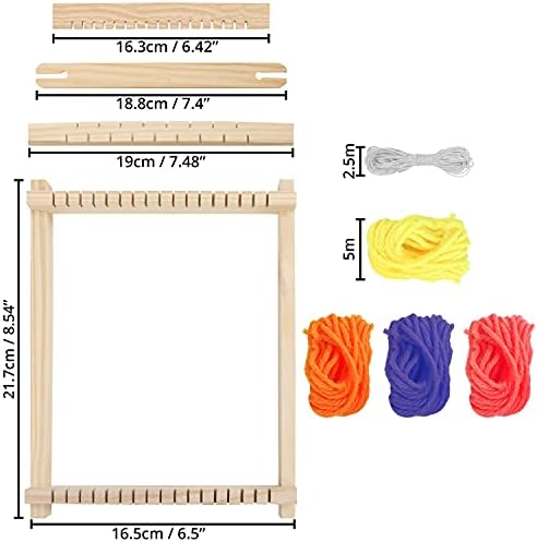 Curtzy Wooden Weaving Loom - 16.5 x 21.7cm / 6.5 x 8.54 Inches - Large Frame Multi-Craft Lap Hand-Knit Machine - Mixed Yarns, Adjusting Rod, Comb, Shuttle & Nylon Cord - Kit for Beginners