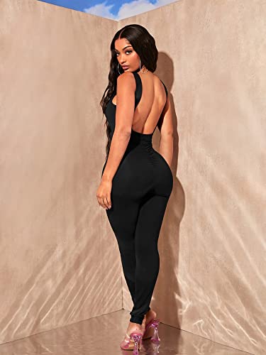 Verdusa Women's Backless Round Neck Bodycon Tank Jumpsuits Rompers Unitard Black L #TOP2
