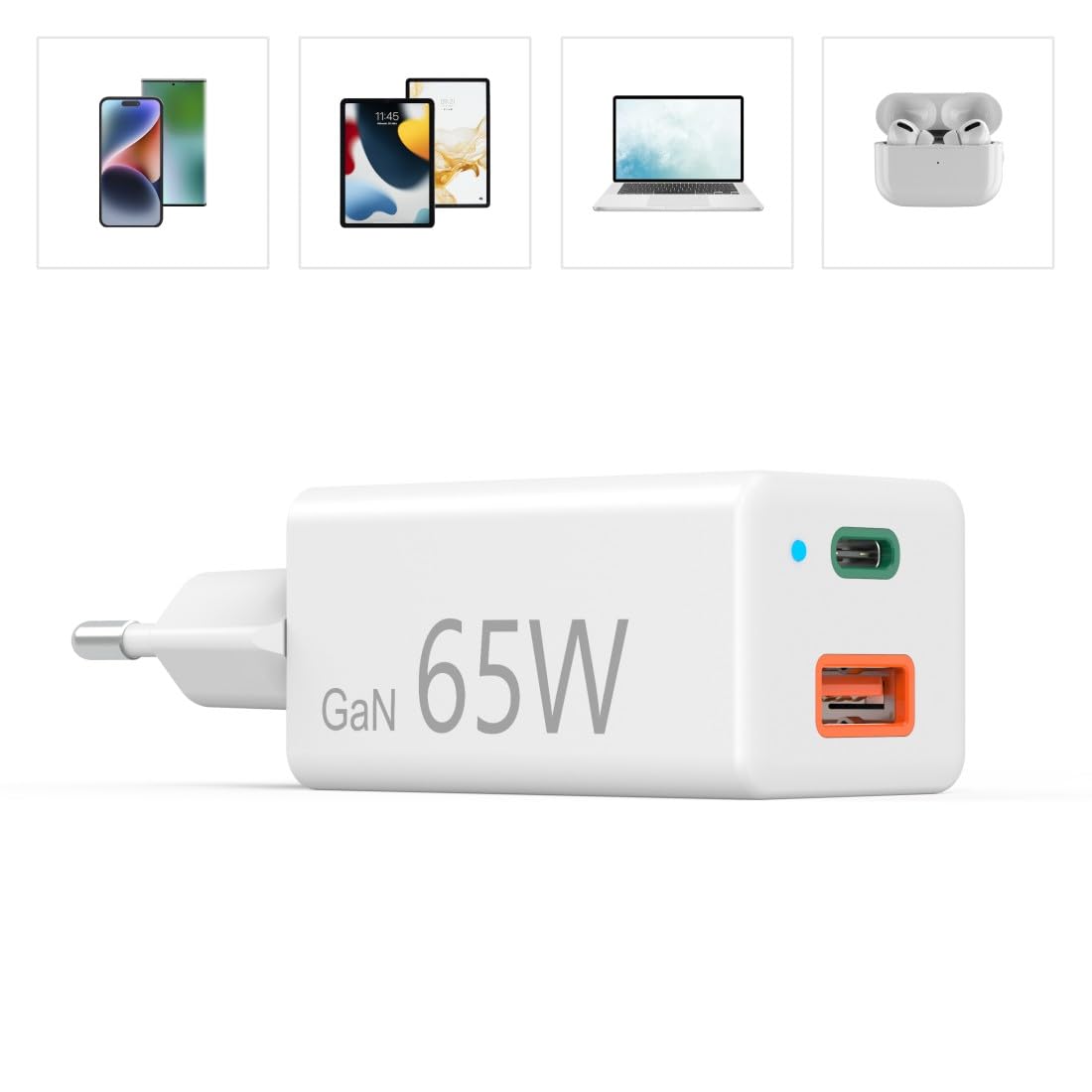 Hama Caricatore USB-C da 65 W (alimentatore di rete a 2 porte USB C + USB A, caricatore rapido con Quick Charge 3.0 e Power Delivery, caricatore USB con tecnologia GaN, caricatore universale per