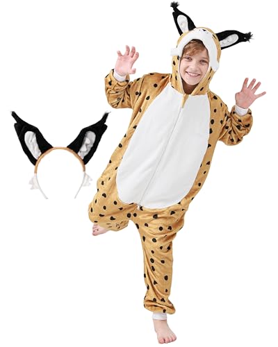corimori Flauschiges Luchs-Kostüm für Kinder mit Haarreif | Karneval Fasching Kostüm Onesie für Mädchen, Jungen | Körpergröße 130-150cm