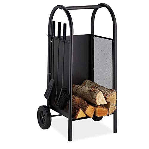 Estante para leña con ruedas, con 3 herramientas para chimenea, soporte para leña, soporte de hierro forjado, carrito de leña