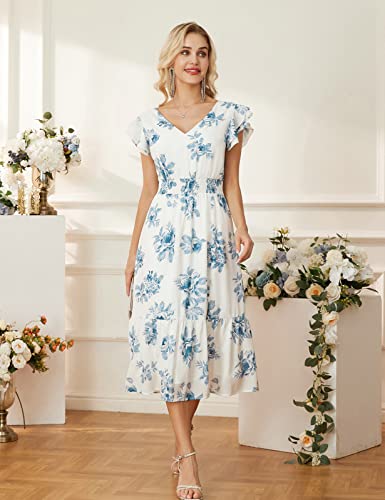 Grace Karin Women 2023 Summer Dress Midi Dress V Neck Ruffle Cap Sleeve Ruffle Hem Tiered A-Line Wedding Guest Dress Blue Floral Dress M #TOP1