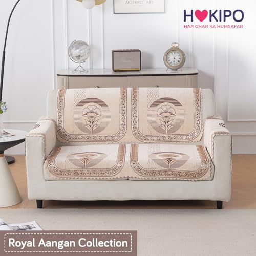 Image of HOKIPO Noor Beige Premium Chenille Jacquard Sofa Cover for 2 Seater for Seat & Back, 'Royal Aangan Series' (IN-1007-L4*2)