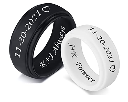 2Pcs Personalized Silicone Couple Rings 8MM Breathable Rubber Step Edge Comfort Fit Rings Wedding Band Promise Egagement Rings for Him Her,Birthday Gift for Husband Wife,7 Colors Option