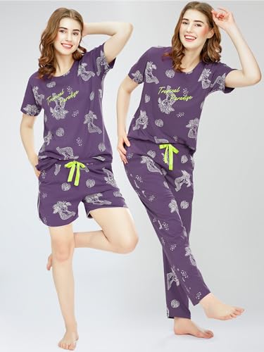 Image of ZEYO Night Suit for Women's Cheetah & Floral Printed Cotton Night Dress of Top,Pajama & Short's 3Pc'S Set 5733