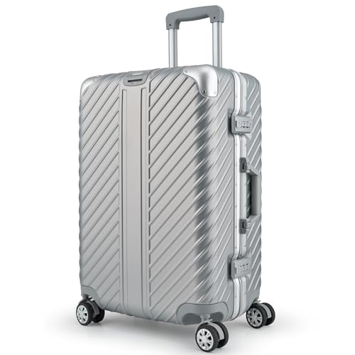 LETTOO 72L Hartschalenkoffer mit Alu-Rahmen | Reisekoffer mit Rollen - Extrem Stabiler Trolley Koffer mit Laptoptaschen-Befestigung [WASSERGESCHÜTZT] mit Eckenschutz (Silber, Mittelgroße 24 Zoll)