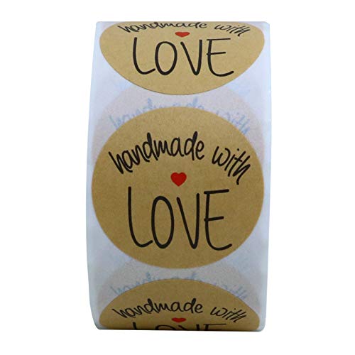 Hybsk Kraft Handmade with Love Stickers with Black Font 1.5" Inch Round Total 500 Adhesive Labels Per Roll (Type 1)