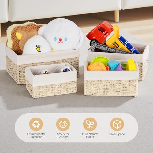 Aevcvok 4 Stück Aufbewahrungskorb mit Futter,Körbchen Handgewebt Korb Aufbewahrung Papierseil Boho-Decor Körbchen,Aufbewahrungsbox Klein Geflochten für Badezimmer, Make-up,Tischplatten,Schrank（Beige)