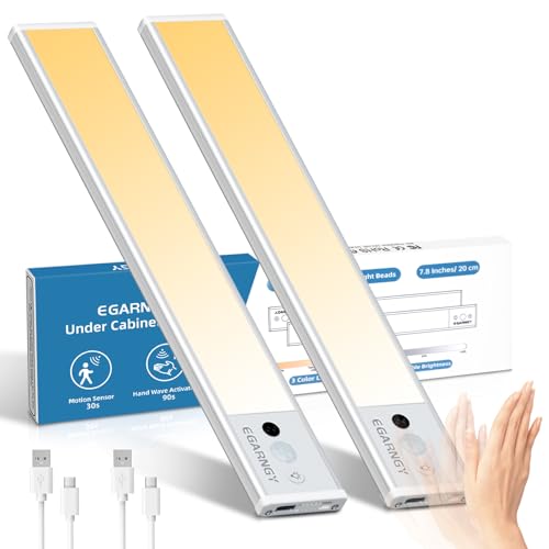 EGARNGY Under Cabinet Kitchen Lights, 72 LED/3 Colors/Hand Wave/Under Cabinet Lights, Under Counter Lights for Kitchen with 1100mAh Battery Rechargeable, Motion Sensor Night Light for Hallway
