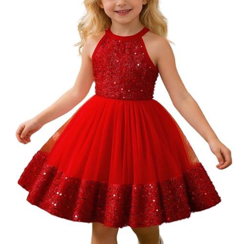 Generisch Vestido de Princesa de Boda Esponjoso Vestido Brillante para Niñas, Vestido de Fiesta de Verano con Detalles de Lentejuelas, Atuendo Elegante para Fiestas de Cumpleaños, rojo, 4 5 años