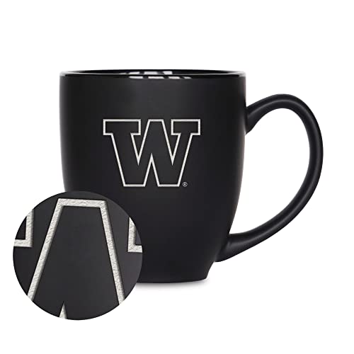 Rico Industries NCAA Washington Huskies Main 15oz Laser Engraved Matte Black Ceramic Bistro Mug - for Hot or Cold Drinks