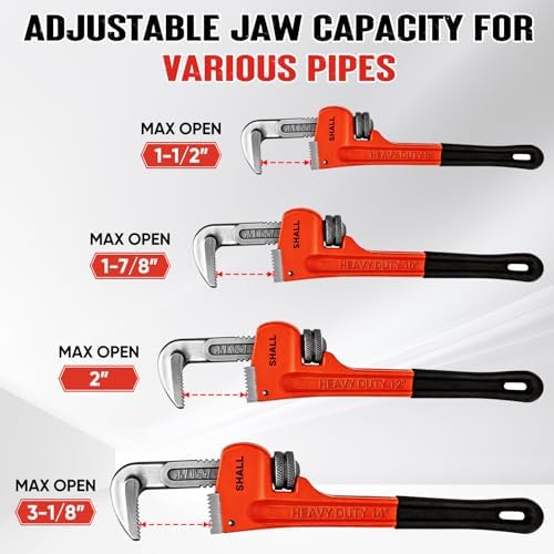 SHALL 4-Piece Pipe Wrench Set, 8" 10" 12" 14" Heavy-Duty Adjustable Pipe Wrenches with Soft Grip, Premium Plumbing Wrench Set with Storage Bag, Drop Forged & Heat Treated Visit the SHALL Store - 2