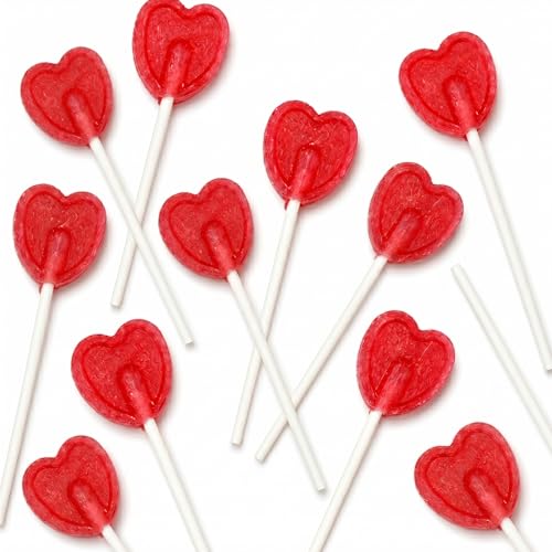 50 x Heart Shaped Vegan Cherry Flavour Lollies Lollipops - Sweets Candy Treats - Party Valentine Day Sharing Events Romantic Bulk Pack