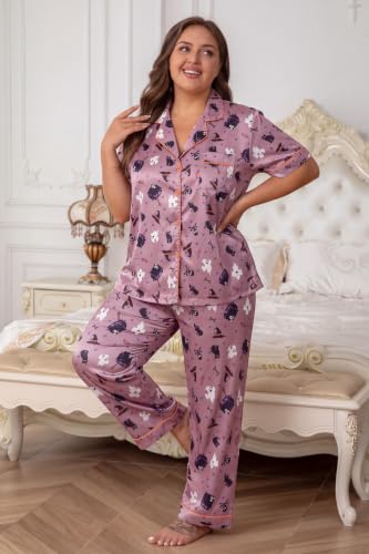 Image of Vozanet Women's Button Down Satin Pajama Sets Silky Short Sleeve Top & Pants Plus Size Loungewear Classic Sleepwear XL to 5XL