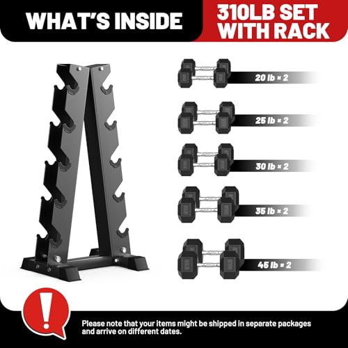 Image of PAPABABE Hex Dumbbell Sets with Rack, 100-600lb Rubber Coated Dumbbell Weight Set and Storage Rack, Multiple Options Hand Weights for Strength Training