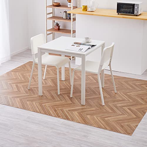 萩原 クッションフロア ダイニングラグ (約182×180cm,木目ヘリンボン) 水拭きできる 抗菌 防カビ 抗ウイルス 防炎 滑り止めシール付き カットOK 日本製