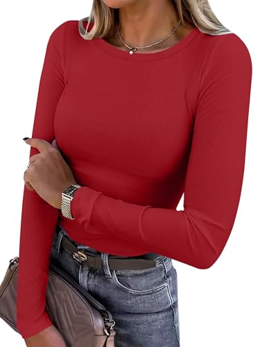 Image of ANRABESS Women Long Sleeve Shirts Rib Knit Slim Fit Tops Basic Tee Spring Outfits Casual T-Shirt Underscrubs Layer Clothes