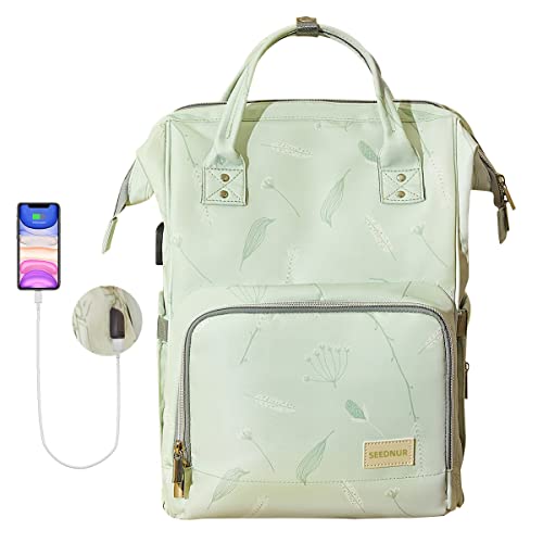 SEENUR Diaper Bag Backpack Travel Handbags Waterproof Diaper Tote with with USB Charging Port and Data Wire(Feather Green)